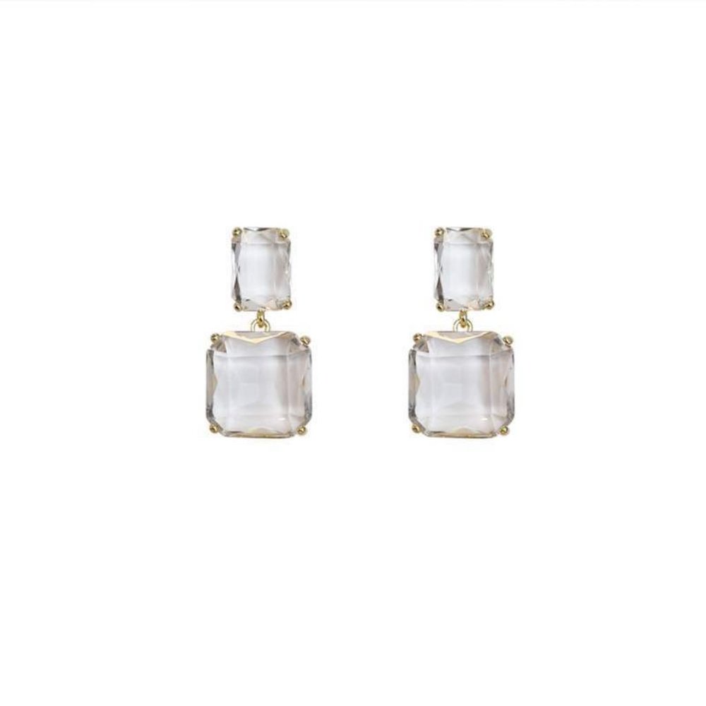 NEW Gold Double Crystal Square Drop Earrings - Picture 3 of 6